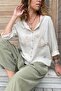 Women's Beige Washed Linen Mesh Star Sequin Hooded Blouse Gk-rsd2046