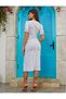 Women's - Flower Printed Short Sleeve Dress with Elastic Sleeves and Gather Detail - 2