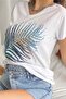 Women's White V-Neck Leaf Sequin Embroidered 100% Cotton T-shirt - 3