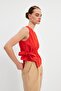 Red Gathered Detailed Tie-Up Linen Blouse - 6