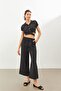 Black Linen High Waist Trousers with Elastic Waist