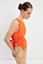 Orange Gathered Detailed Tied Linen Blouse - 4
