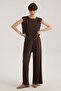 Brown Elastic Waist Pleated Pocket High Waist Trousers