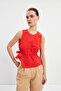 Red Gathered Detailed Tie-Up Linen Blouse