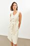Ecru Linen V-Neck Belted Sleeveless Midi Dress - 2