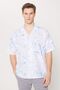 Men's Beige-navy blue Oversize Loose Cut Cuban Collar 100% Cotton Printed Short Sleeve Shirt