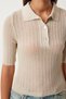 Women's Biscuit Polo Neck Lightweight See-Through Knitwear Blouse Fn03211 - 3