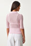 Women's Pink Polo Neck Lightweight See-Through Knitwear Blouse Fn03211 - 4