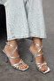 Metallic Silver Banded Square Toe Women's 10 cm Heeled Sandals Takss24To00003