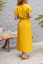 Women's Yellow Linen Front Slit Self-Belt Long Dress Bst3221 - 2