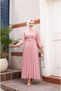 Women's Crew Neck, Elastic-Sleeved and Belted Stylish Pleated Linen Dress - 7