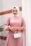 Women's Crew Neck, Elastic-Sleeved and Belted Stylish Pleated Linen Dress - 3