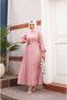 Women's Crew Neck, Elastic-Sleeved and Belted Stylish Pleated Linen Dress - 5