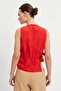 Red Gathered Detailed Tie-Up Linen Blouse - 7