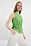Green Gathered Detailed Tie-Up Linen Blouse - 2