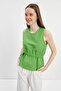 Green Gathered Detailed Tie-Up Linen Blouse - 5