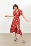 Red Half Sleeve V-Neck Slit Midi Dress - 5