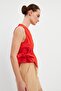 Red Gathered Detailed Tie-Up Linen Blouse - 4
