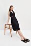 Black Piping Belt Detailed Linen Midi Dress - 3