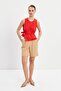 Red Gathered Detailed Tie-Up Linen Blouse - 3