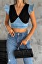 Women's black zippered back crop denim blouse - 7
