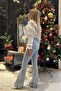 Miya Spanish Blue Snow Wash Flared Leg Denim Trousers High Waist Jeans Gathering (Extra Comfortable) - 4