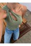 Women's Khaki Shoulder Twist Cropped Blouse - 4