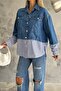Women's double pocket blue line detailed denim jacket shirt - 2