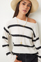 Women's Black Ecru Striped Knitwear Blouse Fn03213 - 2