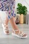 Banded Women's Sandals White Pu Leather with Orthopedic Sole - 2