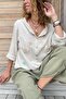 Women's Beige Washed Linen Mesh Star Sequin Hooded Blouse Gk-rsd2046 - 2
