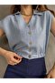 Blue V-Neck Women's Vest with Buttoned Front and Elastic Waist - 3