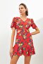 Red V-Neck Half Sleeve Mini Dress - 3