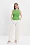 Green Gathered Detailed Tie-Up Linen Blouse - 3