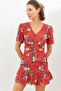 Red V-Neck Half Sleeve Mini Dress - 6