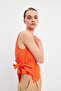 Orange Gathered Detailed Tied Linen Blouse - 2