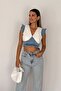 Women's Blue Back Zip Crop Denim Blouse - 4