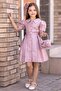 Shiny Satin Fabric - Stone Detailed Collar and Neck Buttoned Girl's Powder Dress - 3