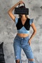 Women's black zippered back crop denim blouse - 5