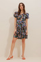 Women's Black Crew Neck Shawl Print Drawstring Waist Woven Viscose Miniboy Dress Alc-D 230031 - 3