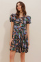 Women's Black Crew Neck Shawl Print Drawstring Waist Woven Viscose Miniboy Dress Alc-D 230031 - 2