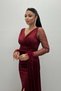 Satin Fabric Sleeves with Frills Beaded Mermaid Dress - BURGUNDY - 4