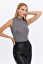 Women's Anthracite Gray Stand Collar Sleeveless Blouse - 3