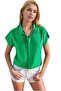 Grass Green Linen Women's Shirt - Bat Sleeves and Buttons - 2