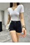 Women's White V Neck Short Sleeve Fitted/Body-Fitting Blouse Bodysuit - 4