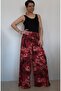 Burgundy black floral patterned elastic waist wide leg combed cotton viscose trouser skirt - 5