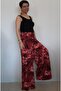 Burgundy black floral patterned elastic waist wide leg combed cotton viscose trouser skirt