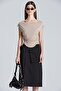 2494 Beige Blouse with Plunging Neck and Gathered Sides