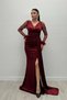 Satin Fabric Sleeves with Frills Beaded Mermaid Dress - BURGUNDY - 2