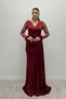 Satin Fabric Sleeves with Frills Beaded Mermaid Dress - BURGUNDY